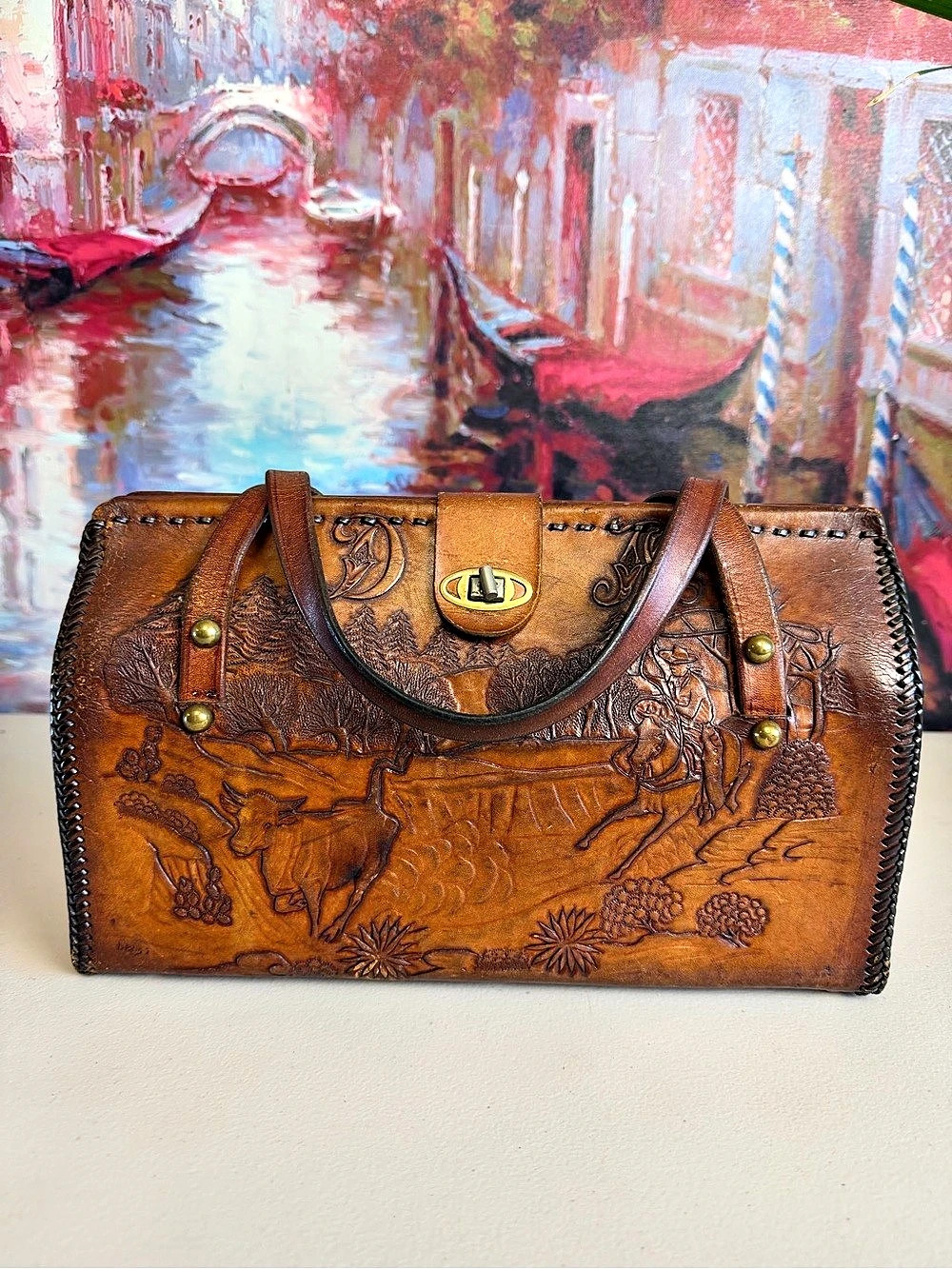 Vintage 1950s–60s Tooled Leather Western Cowboy Ranch Scene Handbag